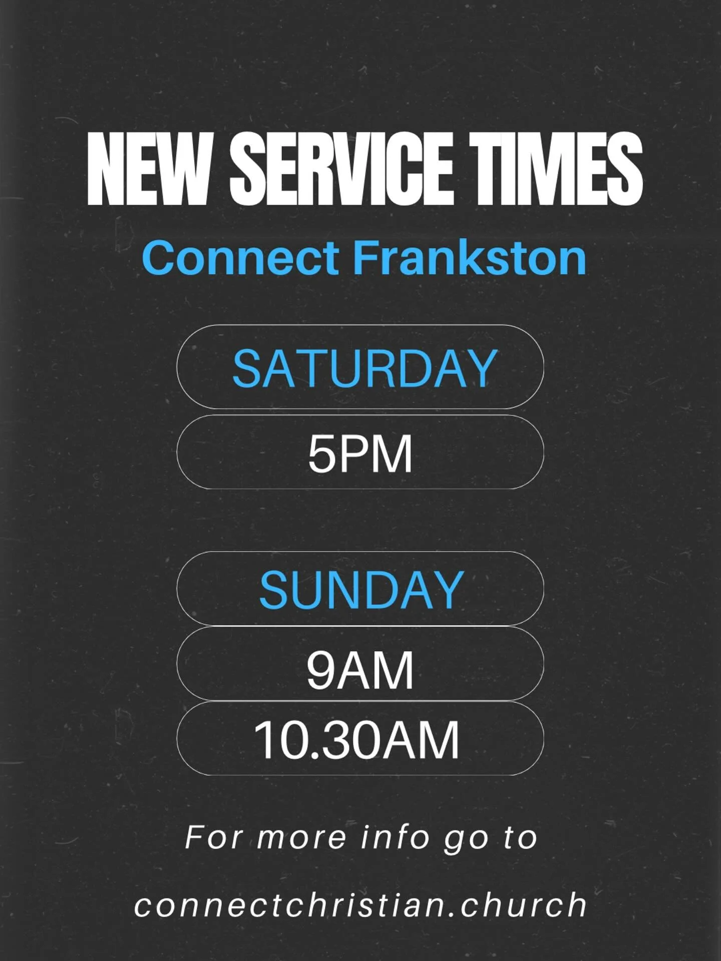 β¨NEW SERVICE TIMES β¨
CONNECT FRANKSTON
Saturday - 5PM
Sunday - 9AM & 10.30AM
We can’t wait to see you at church this weekend π
For more info go to connectchristian.church