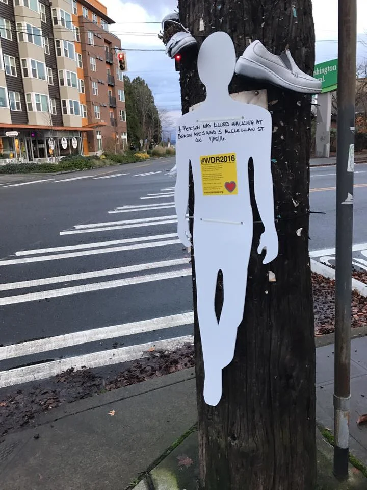A memorial placed by Beacon Hill Safe Streets for a person killed while crossing the street (Beacon Ave & McCl