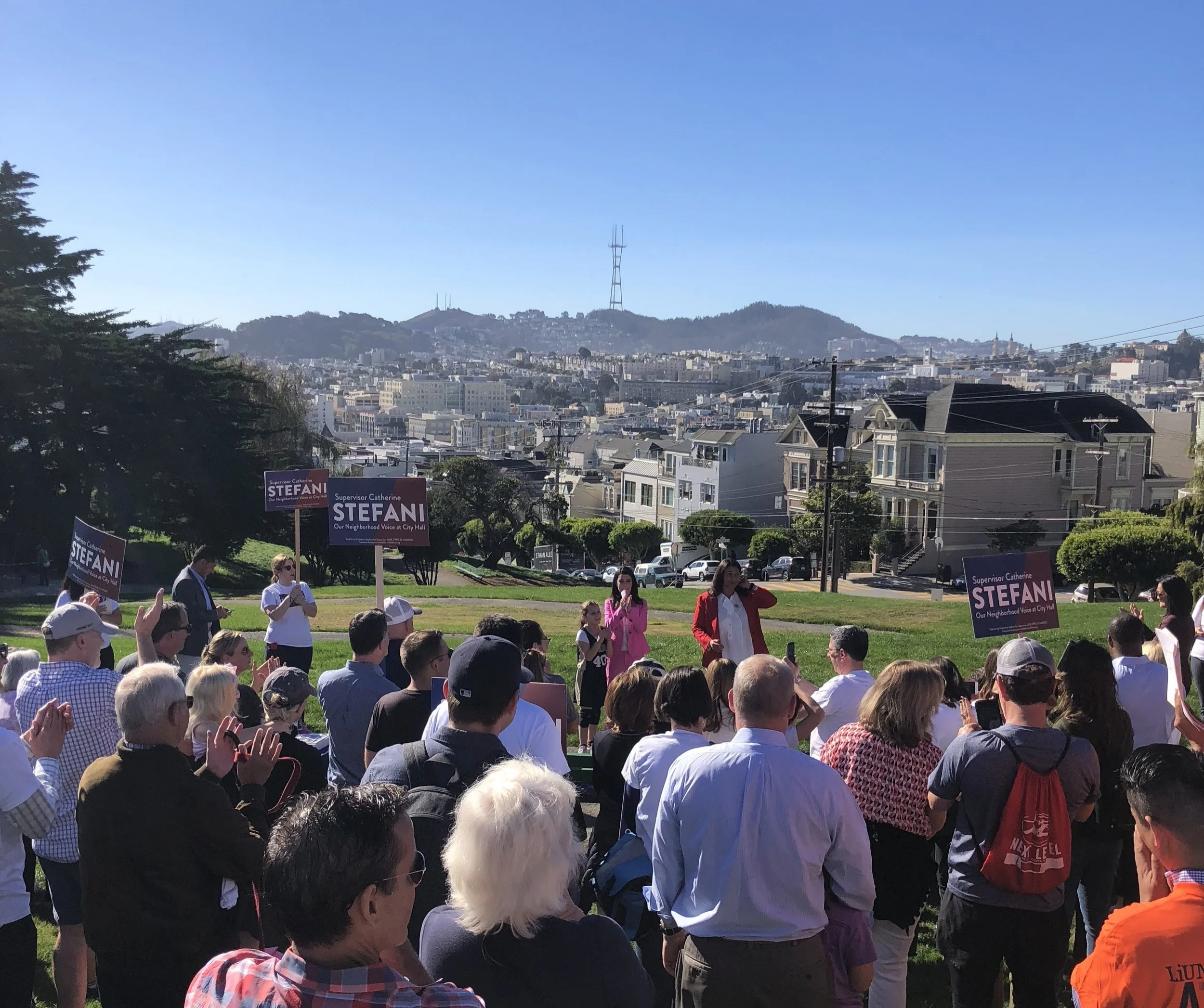 Supervisor Stefani addresses a rally on November 3 at Alta Plaza park
