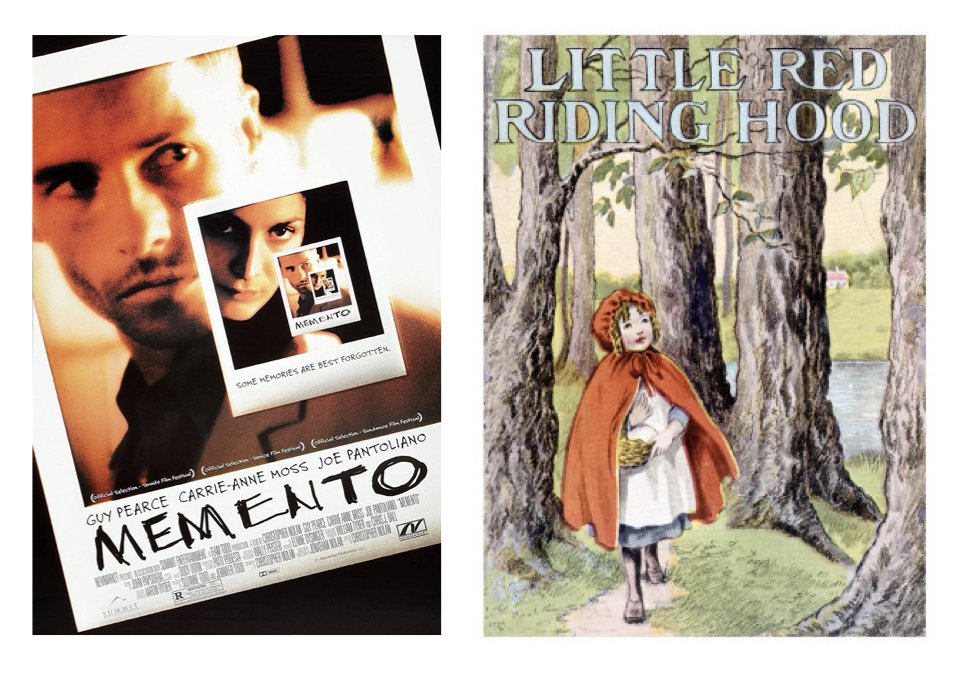 A poster for the movie Memento alongside a book cover for  the fairy story Little Red Riding Hood