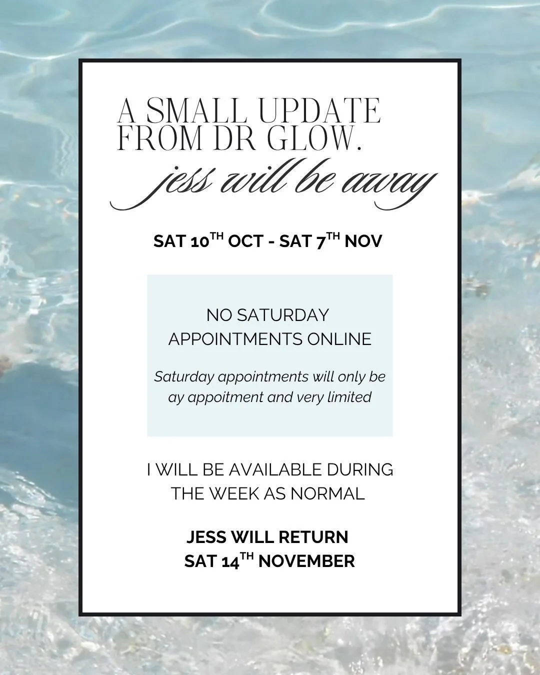 A small update from Dr. Glow.
ㅤ
Nurse Jess will be away from Saturday 10th October through to Saturday 7th November.
ㅤ
During this time, Saturday appointments will not be available online. A very limited number of Saturday appointments may be availab