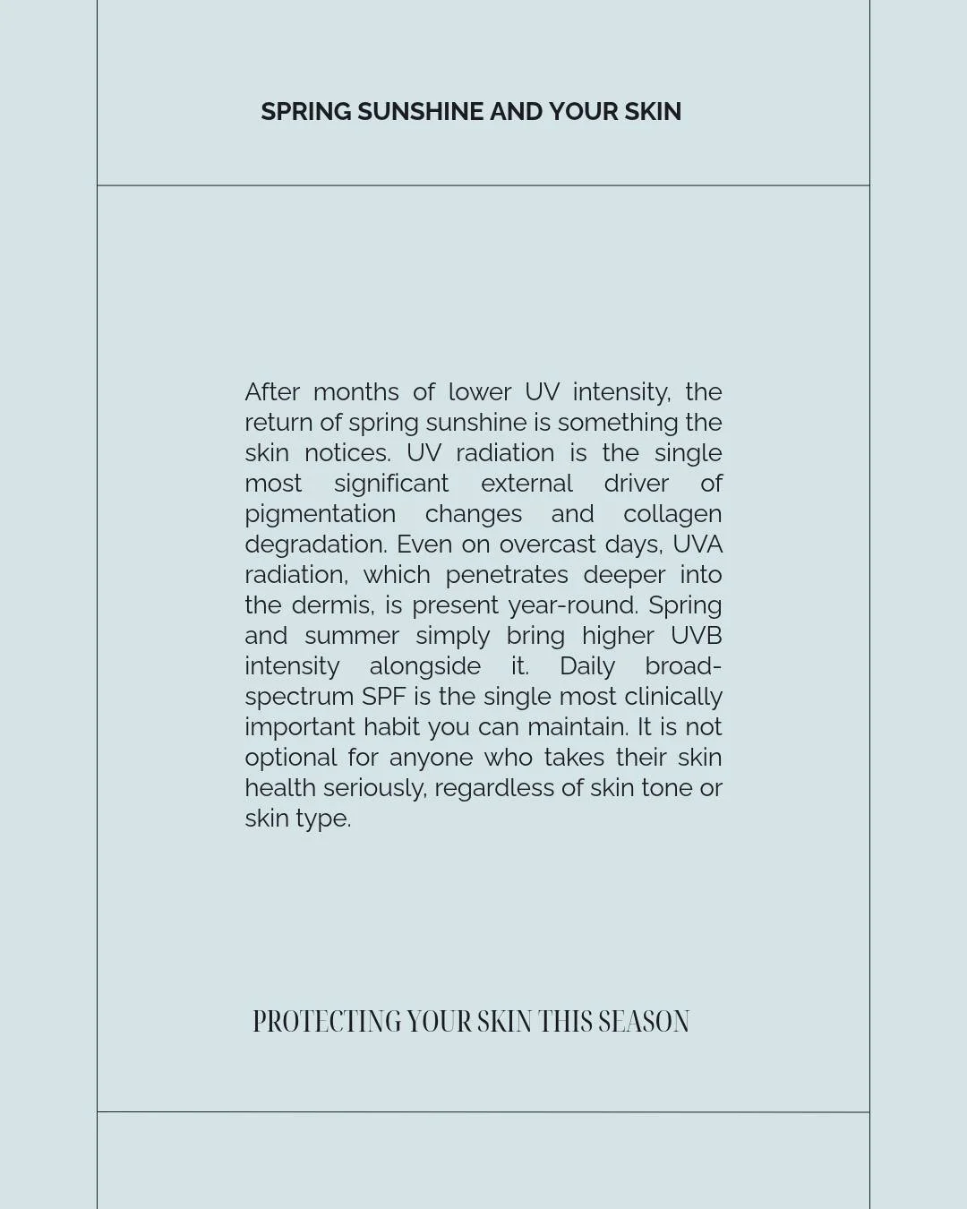 After months of lower UV intensity, the return of spring sunshine is something the skin notices.
ㅤ
UV radiation is the single most significant external driver of pigmentation changes and collagen degradation. Even on overcast days, UVA radiation, whi