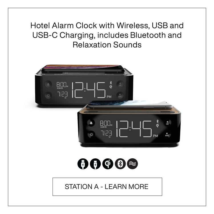 Station A hotel alarm clock with wireless, USB, and USB-C charging, Bluetooth, and relaxation sounds for hotel guestrooms.