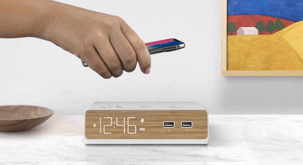 Modern Hotel Alarm Clock with Dual USB Outlets and Qi Wireless Charging