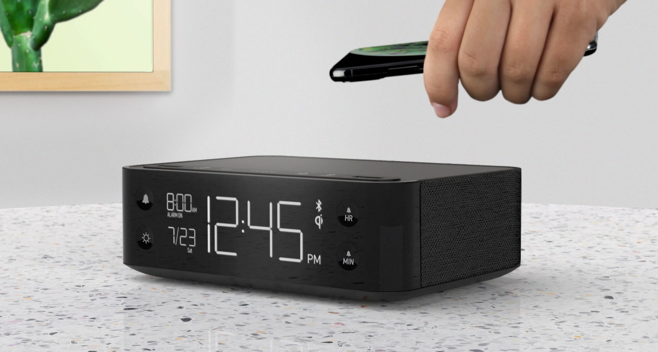 Modern Hotel Alarm Clock with Dual USB Charging Outlets, Qi Wireless