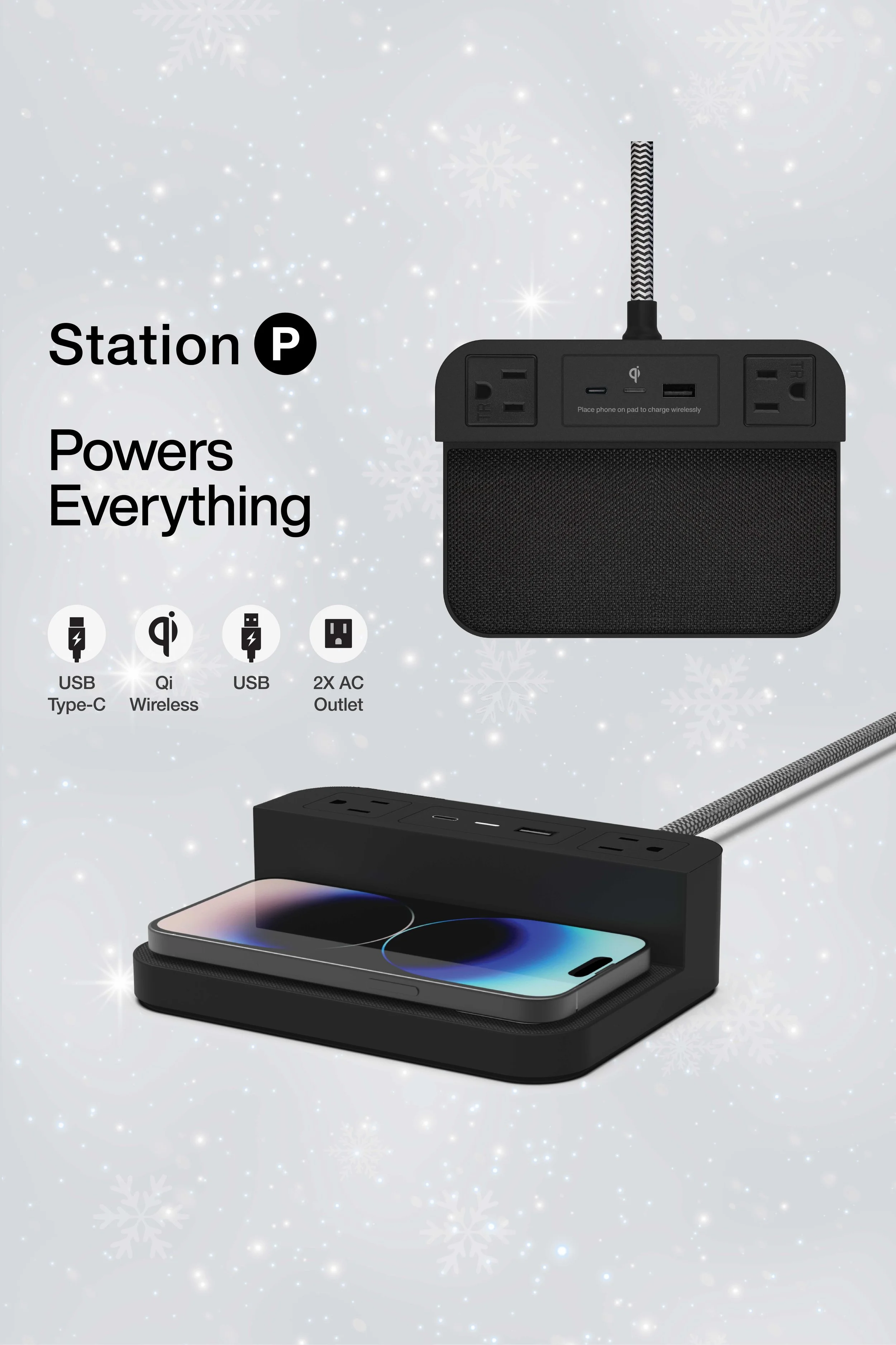 Station P hotel charging station with Qi wireless charging, USB-C, USB-A, and dual AC outlets, designed for modern guestrooms.
