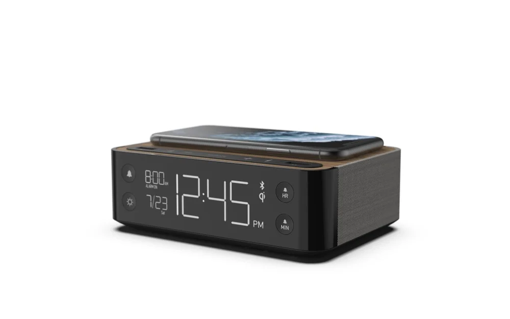 Modern Hotel Alarm Clock with Dual USB Outlets and Qi Wireless Charging ...
