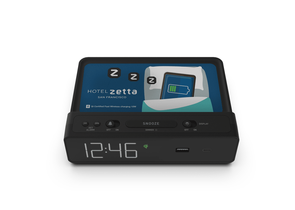 Modern Hotel Alarm Clock with Dual USB Outlets and Qi Wireless Charging