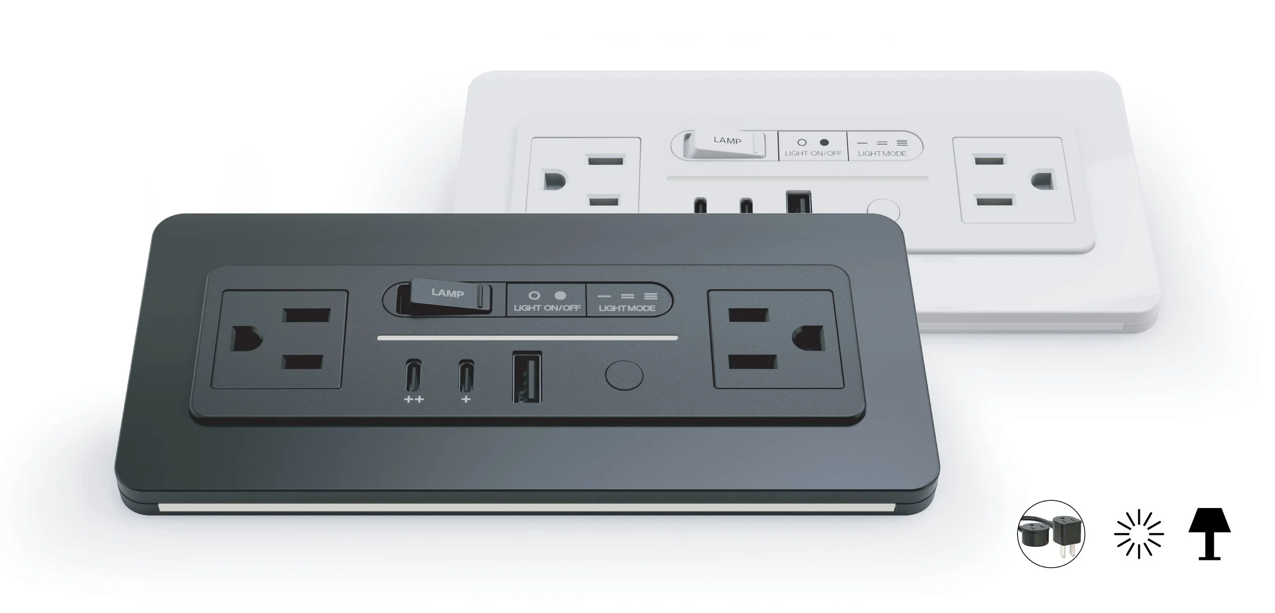 Nonstop Terminal 1C hotel power outlet with GlowWell lighting and integrated lamp control switch