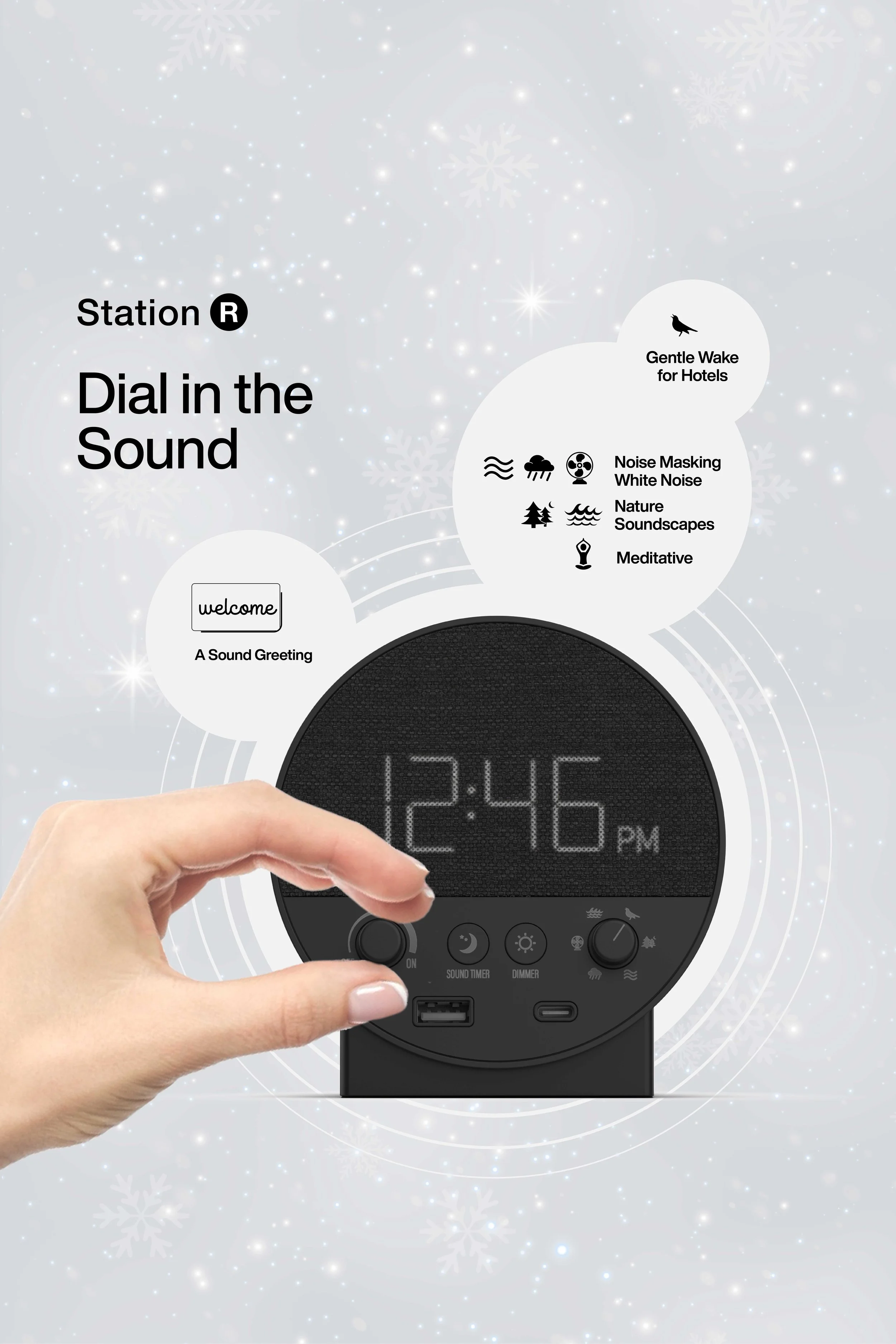 Station R wellness clock with USB-C charging, six relaxation sounds, GentleWake alarm, and hotel-friendly controls on a holiday snow background.
