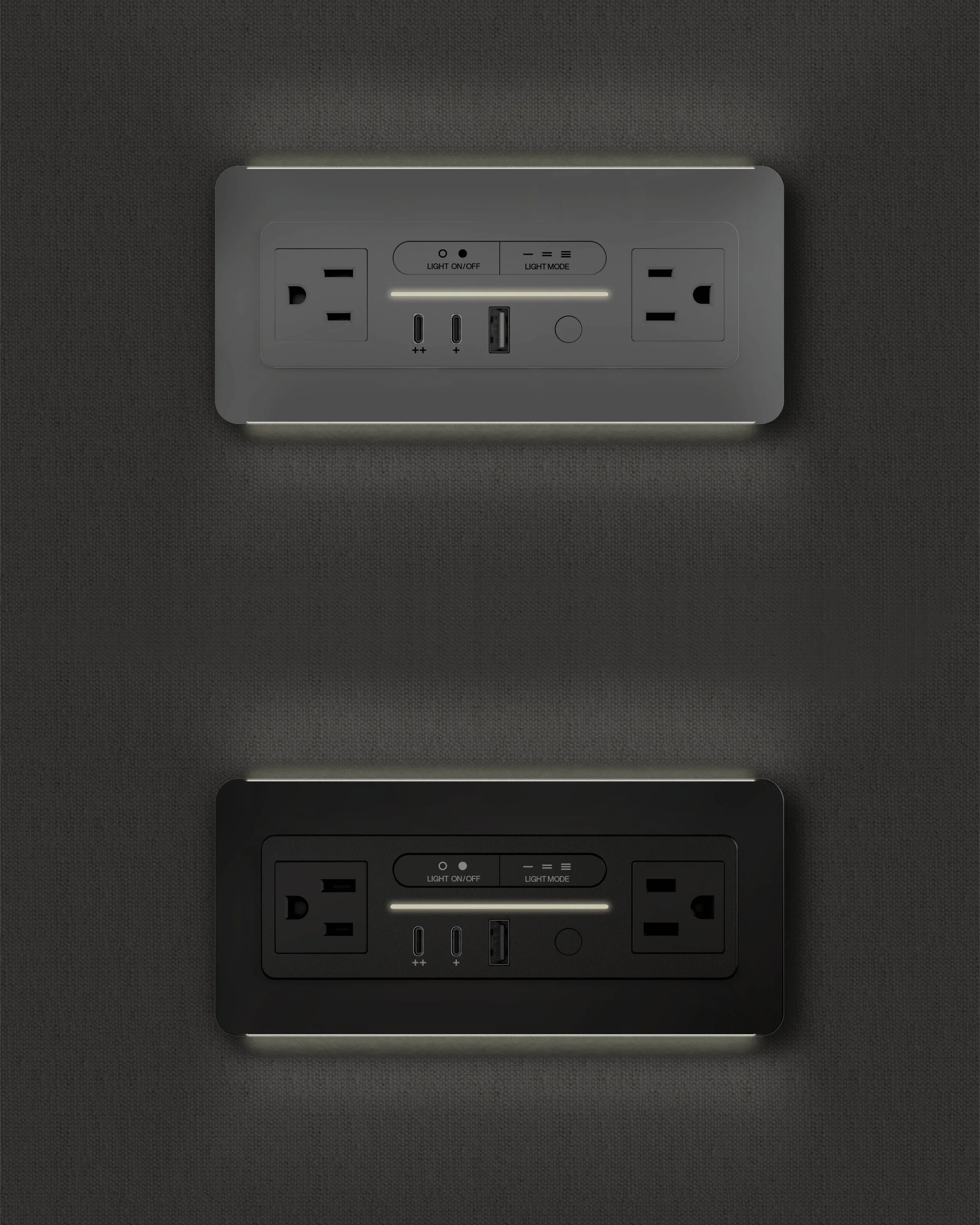 Nonstop Terminal 1 white finish power outlet with GlowWell architectural edge lighting built into a hotel headboard panel