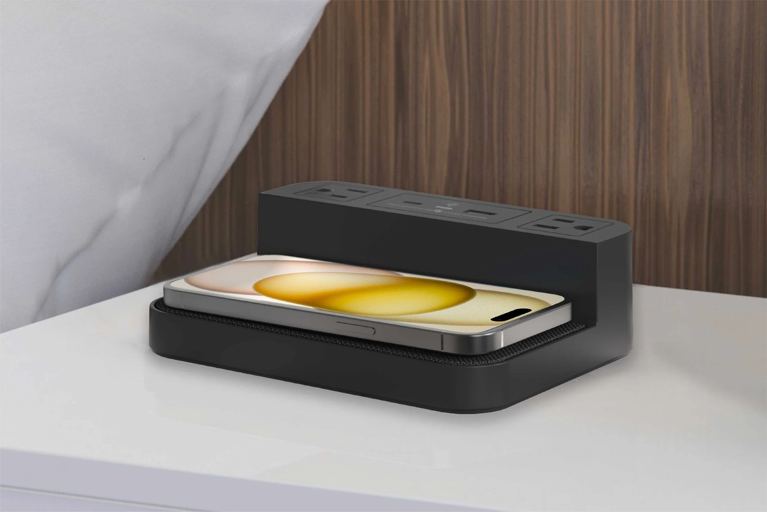 Station P wireless hotel charging station with USB ports and AC outlet