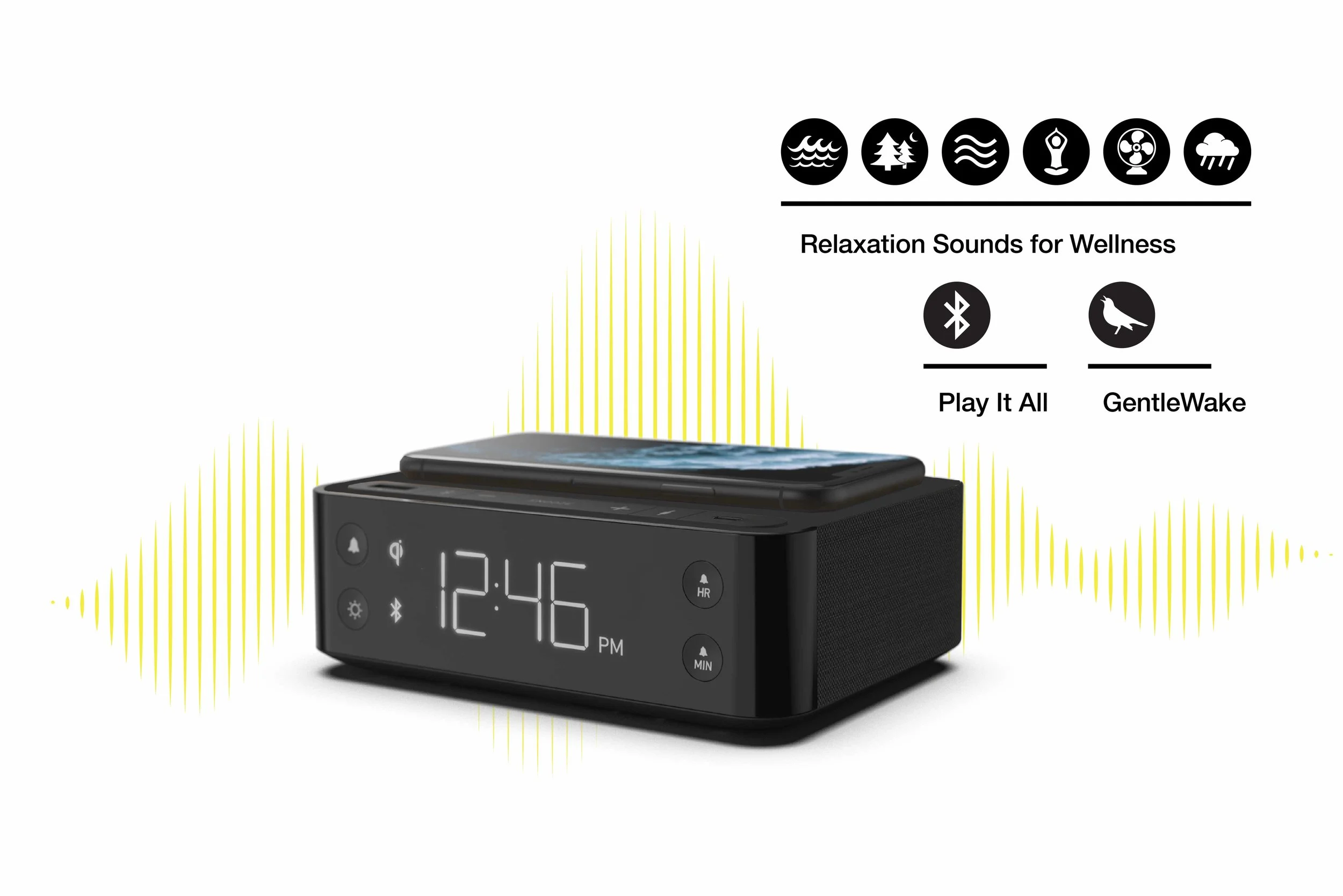 Station A hotel alarm clock with wireless charging, relaxation and sleep sounds, Bluetooth audio, and the GentleWake wake alarm.
