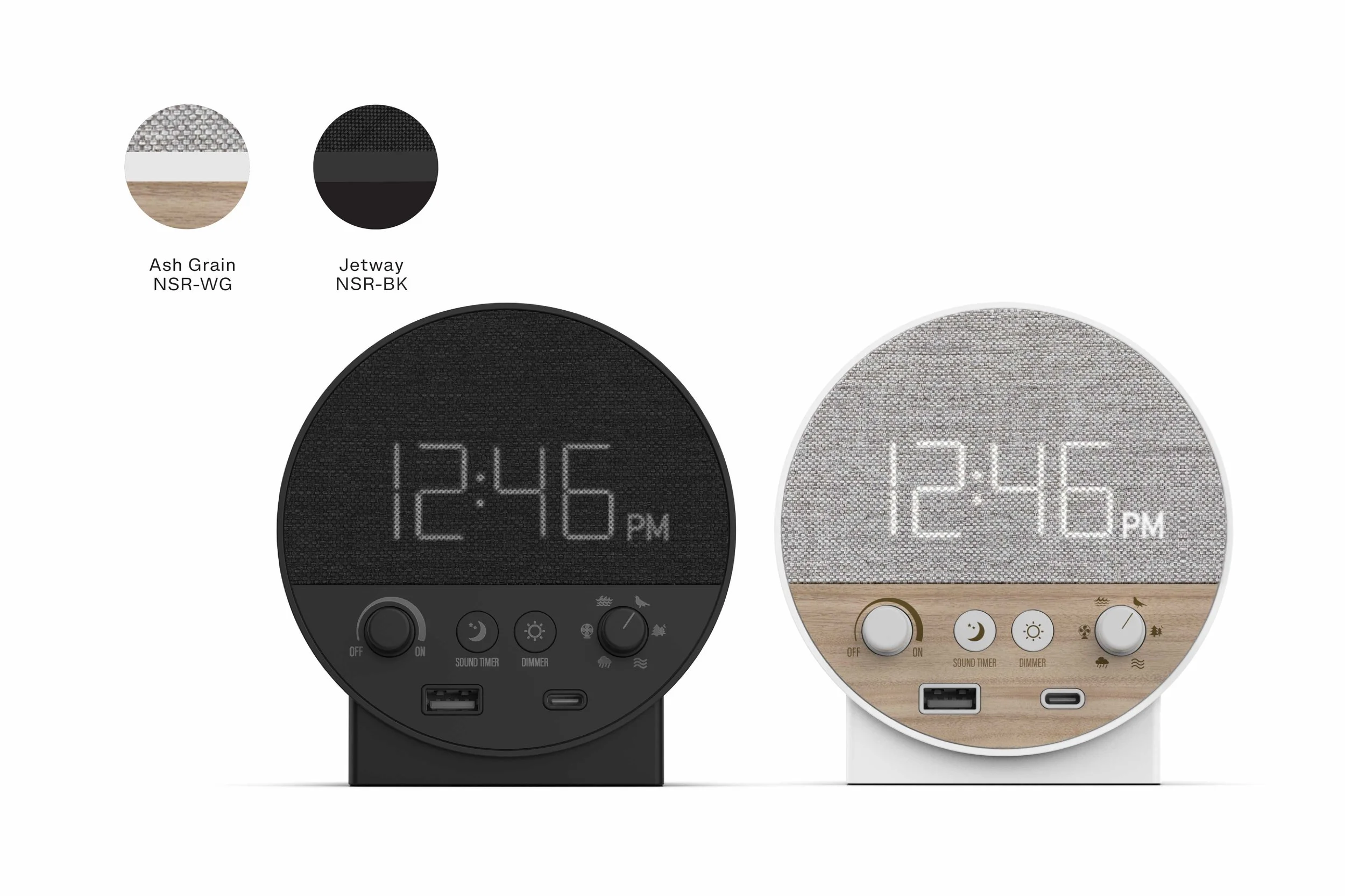 Station R hotel alarm clock available in ash grain wood finish and jetway black finish for modern guest rooms