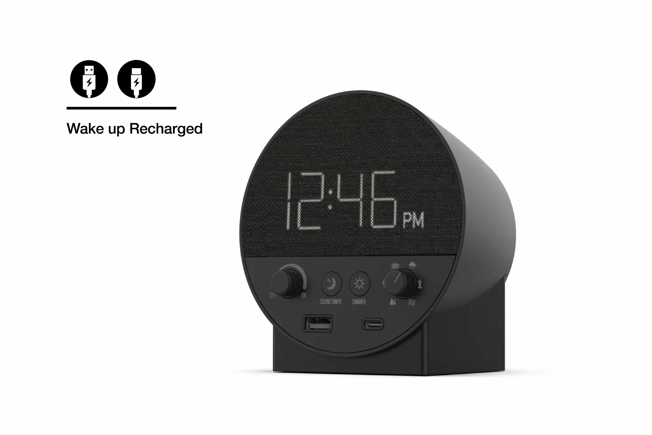 Station R hotel alarm clock with dual USB and USB-C charging, soft LED display, and minimalist bedside design