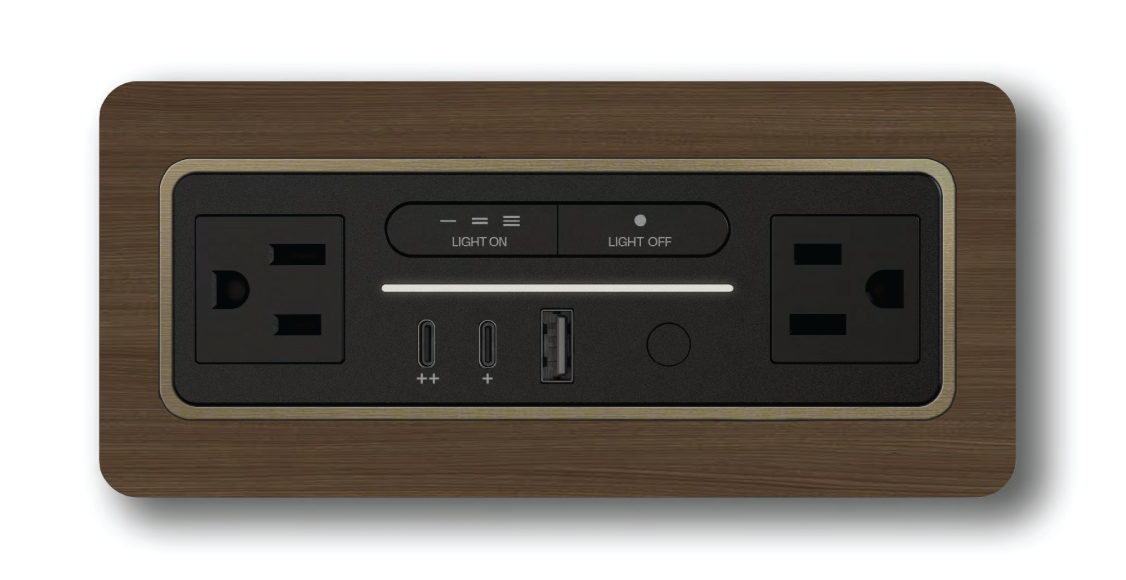 Wood grain finish with metallic trim ring for Nonstop Terminal 1 custom hotel power outlet