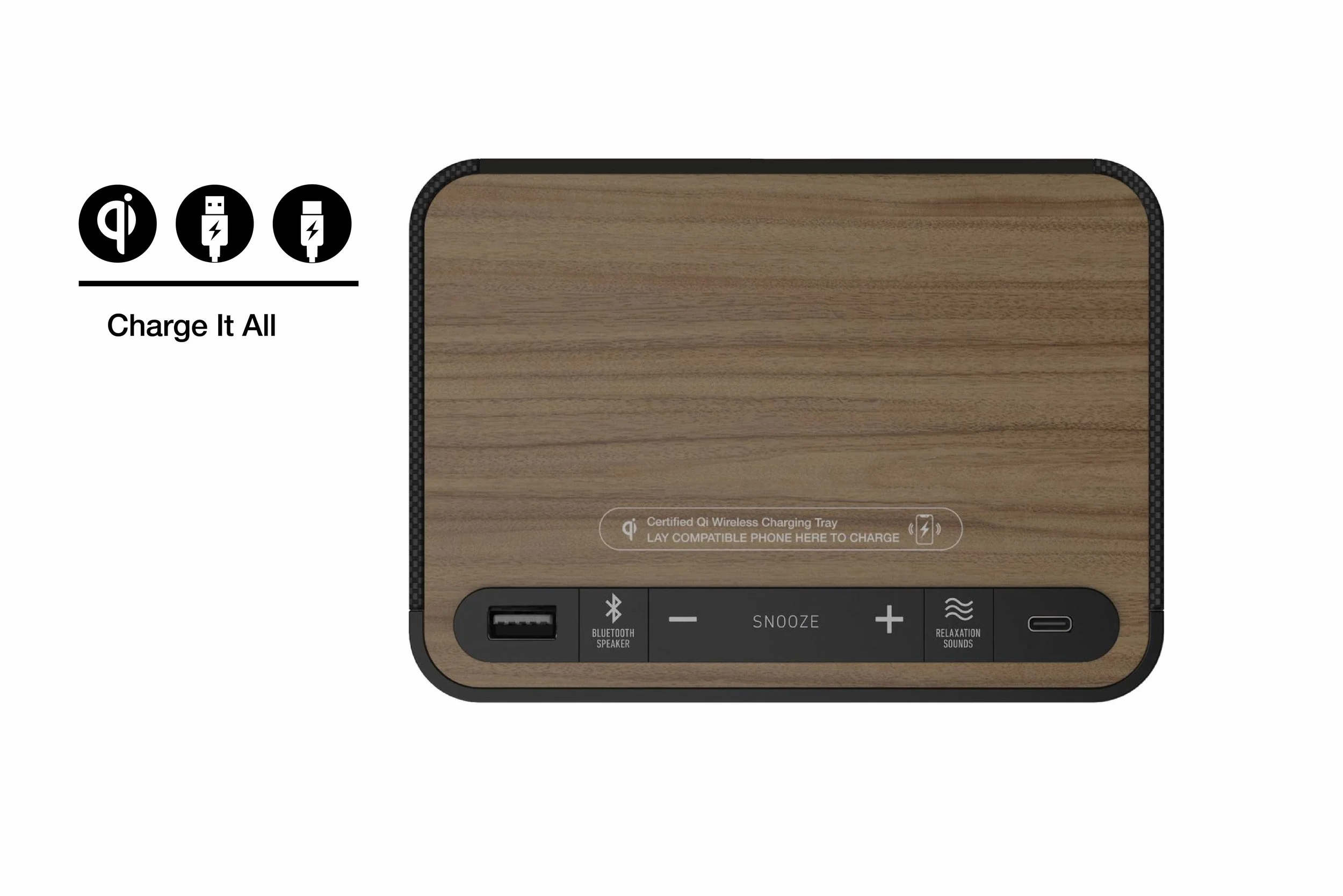 Top view of Station A hotel charging clock showing Qi wireless tray, USB-A port, and USB-C connector.