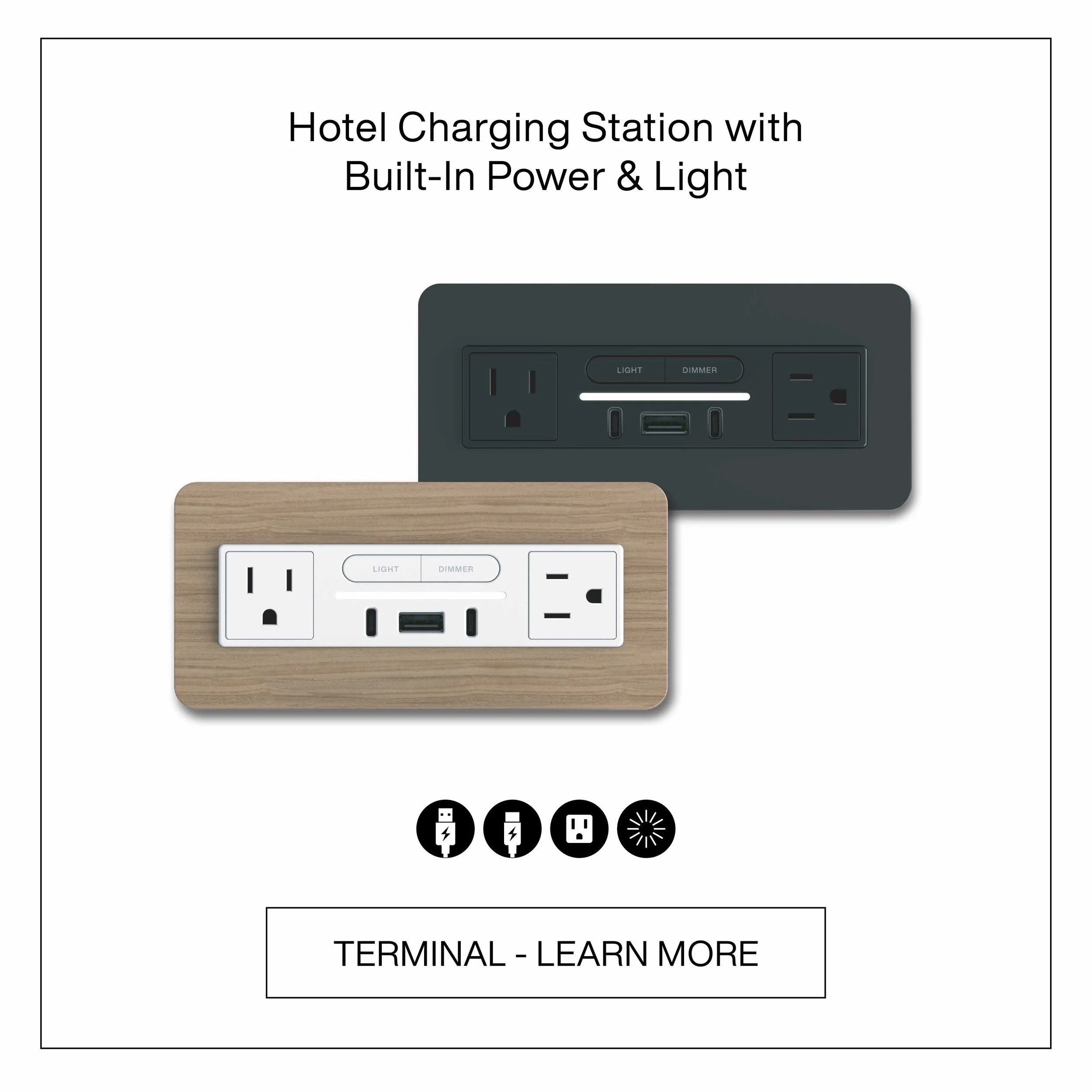 Built-in hotel power and charging unit with USB, AC outlets, and integrated lighting.