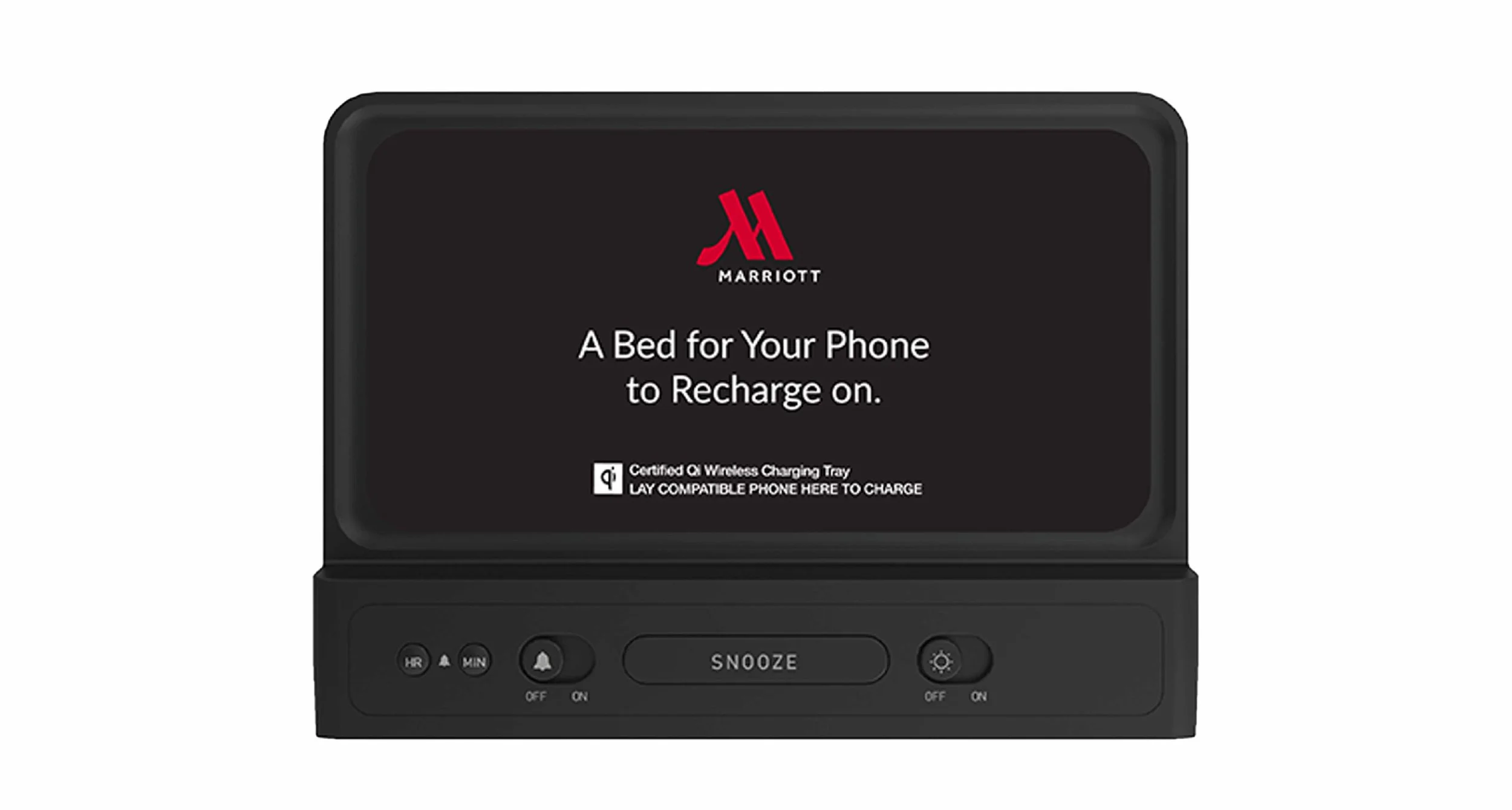 Nonstop hotel charging clock with custom branded tray card and digital display.