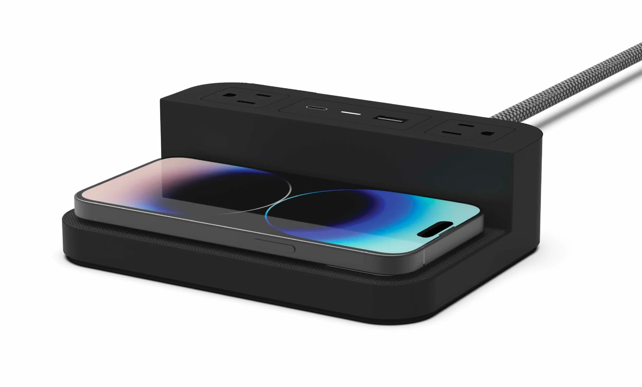 Station P universal hotel wireless charging station with USB ports and AC outlets.