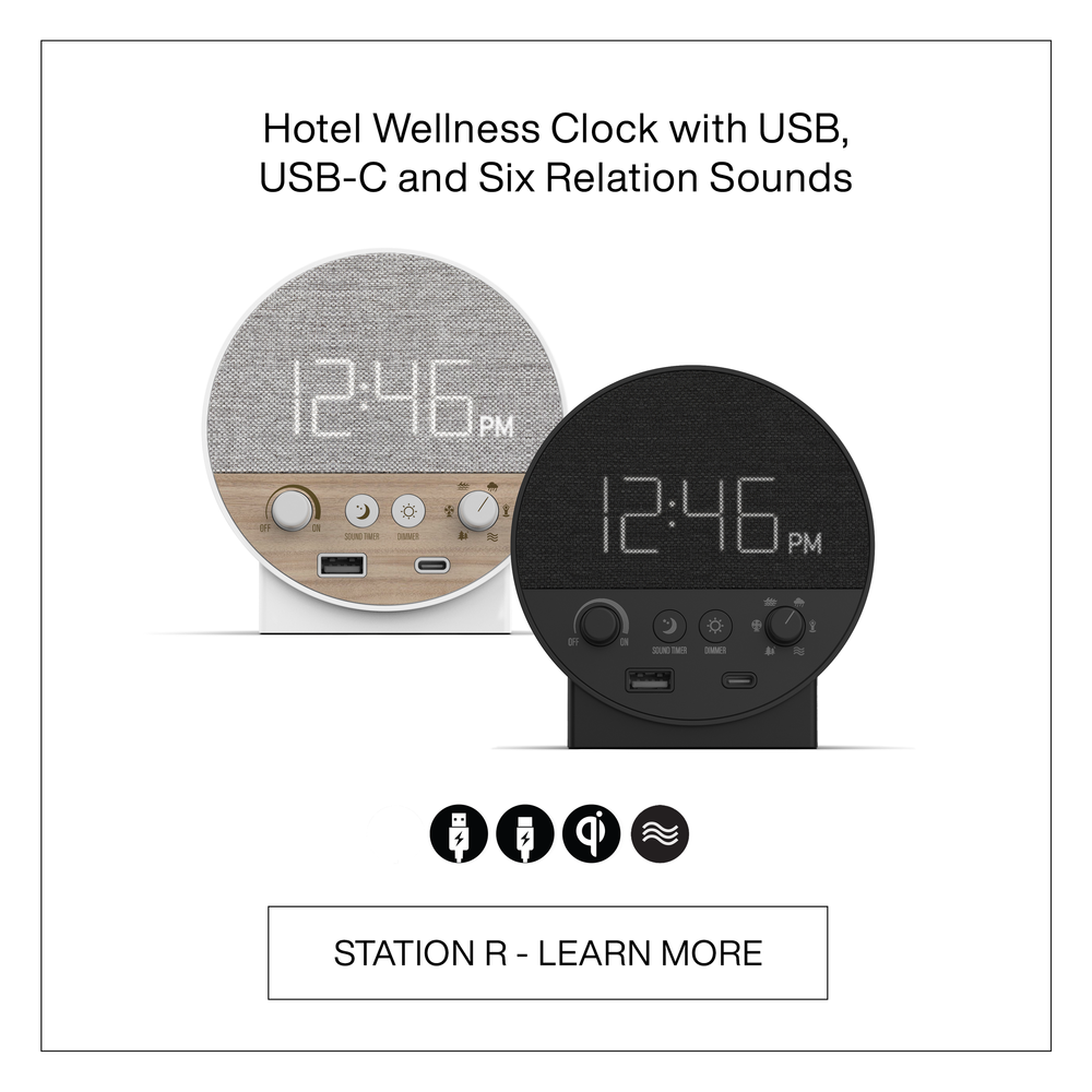 Station R hotel wellness clock with USB-C charging and six relaxation sounds to promote guest wellness and better sleep.