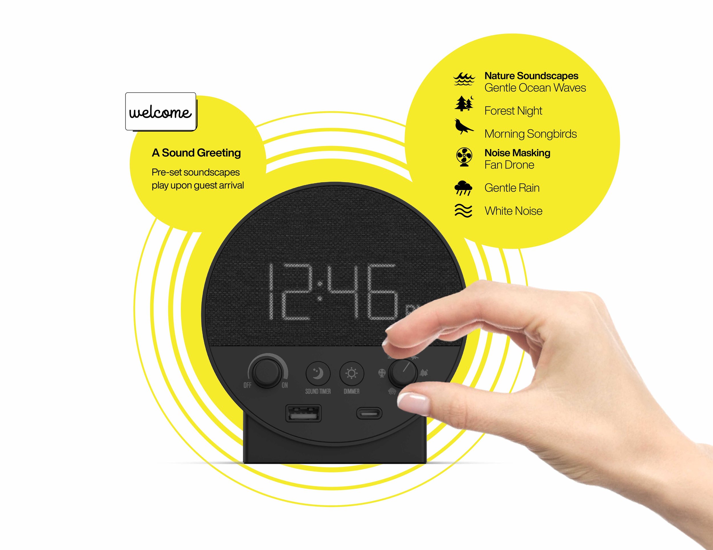 Station R hotel wellness clock featuring built-in relaxation sounds including white noise, rain, ocean waves, and forest night