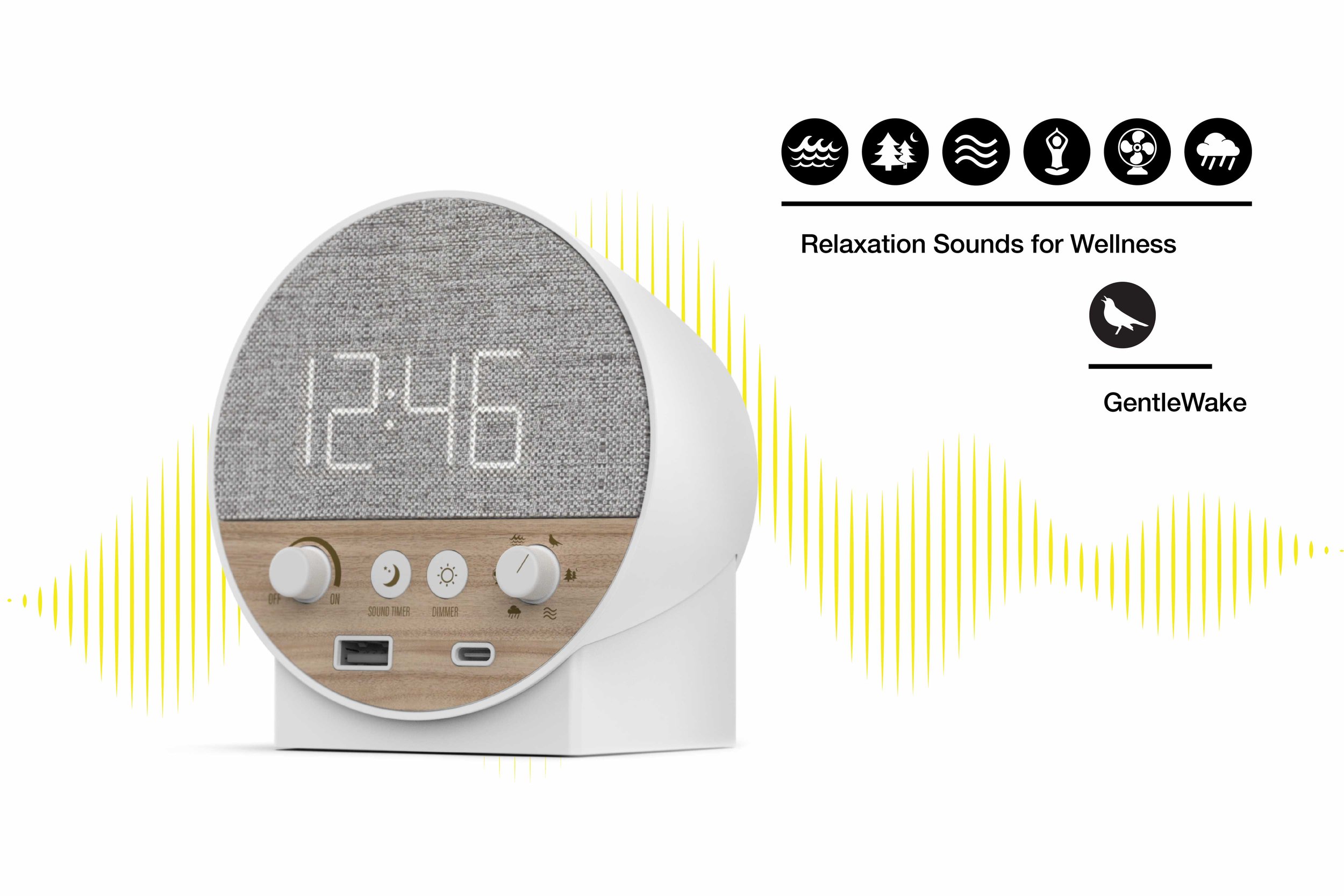 Station R hotel sound machine designed to improve guest sleep with relaxation sounds gentle wake alarm and built-in charging.