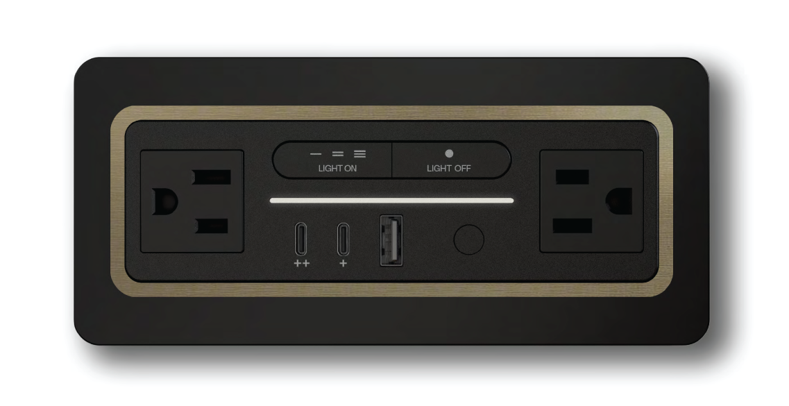 Black finish with metallic trim ring for Nonstop Terminal 1 hotel guestroom charging panel