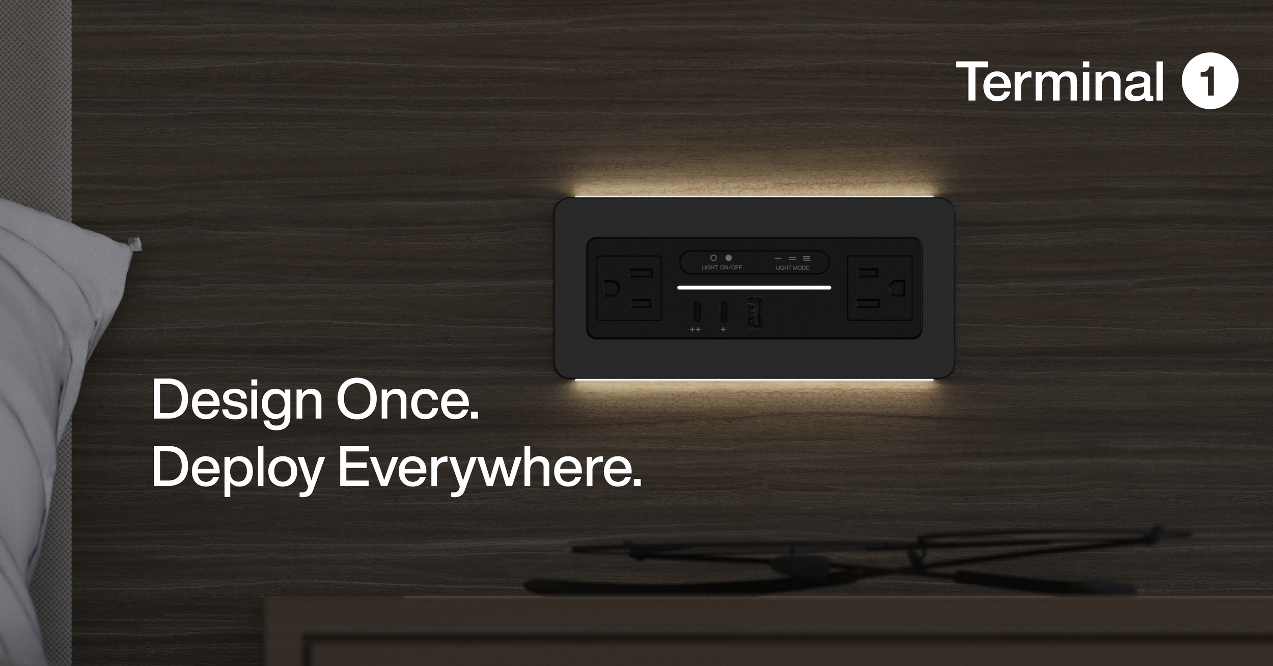 Terminal 1 by Nonstop Products — built-in hotel guestroom power panel with warm LED ambient lighting flush mounted in dark wood nightstand