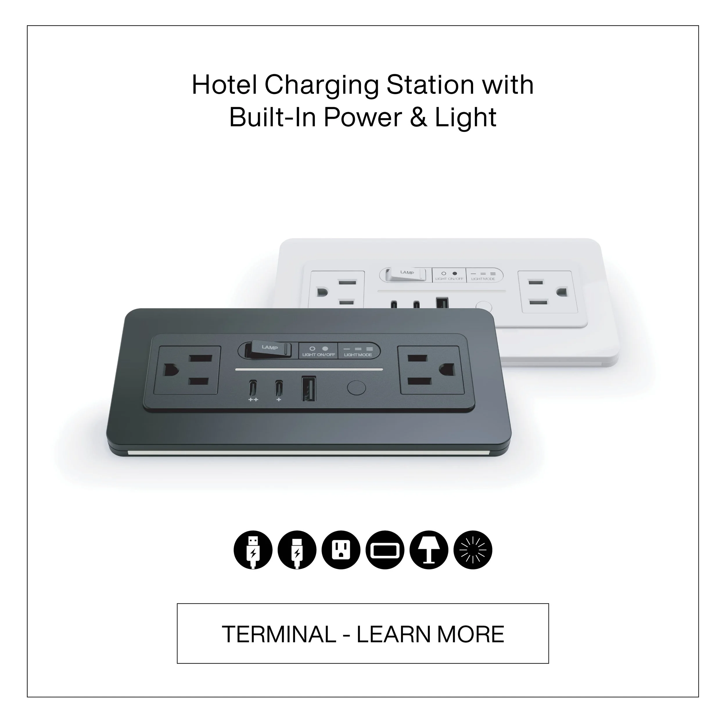 Built-in hotel power and charging unit with USB, AC outlets, and integrated lighting.
