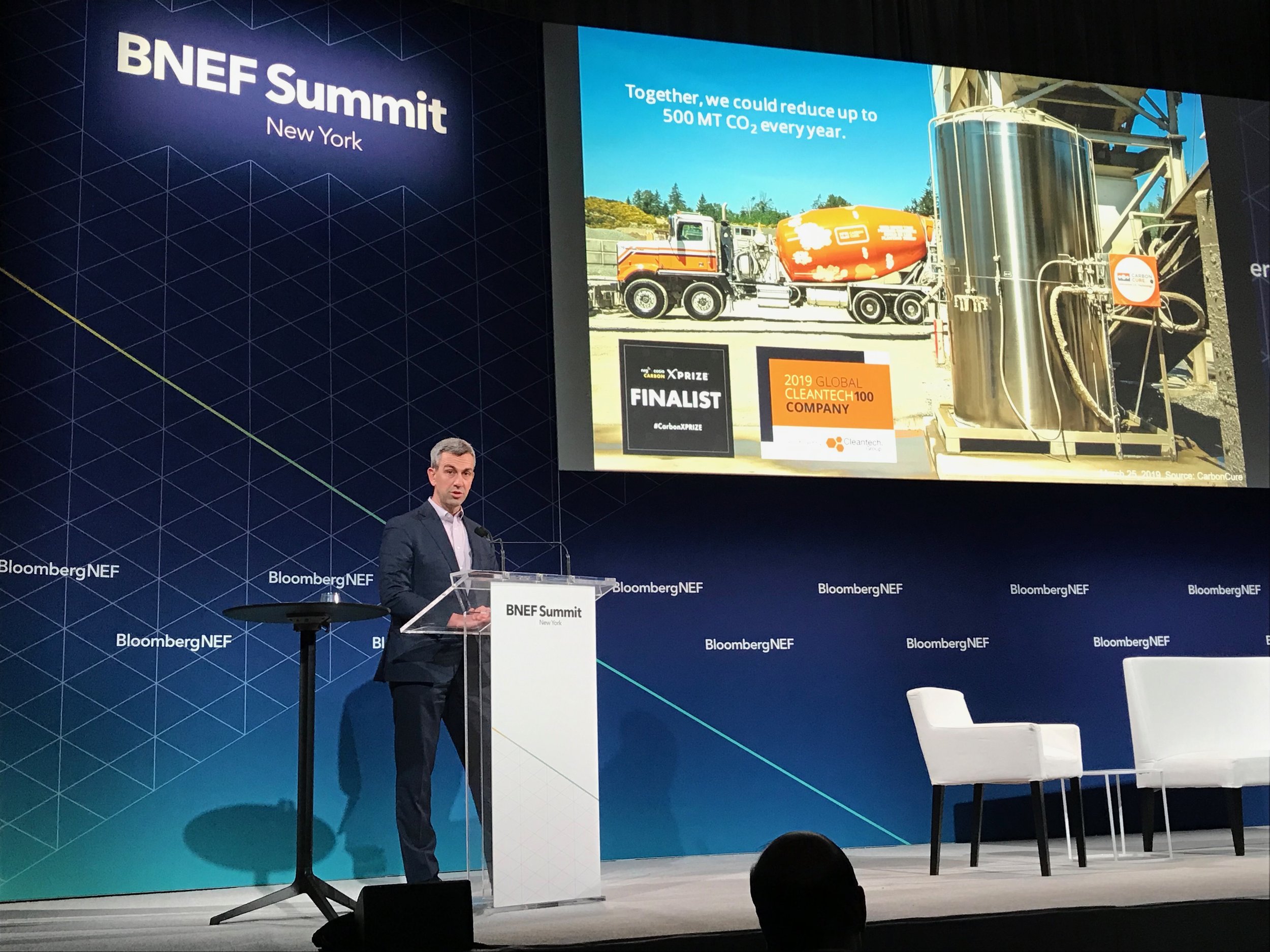 Rob Niven accepts the New Energy Pioneers award on behalf of CarbonCure on March 25, 2019 at the BNEF Summit.