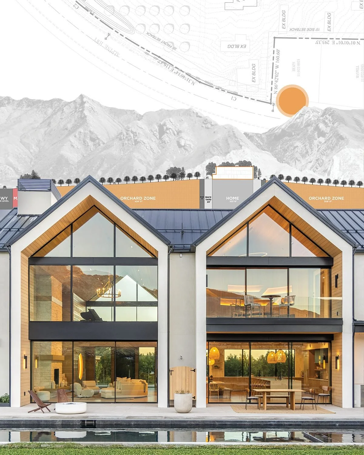 Jecco Farm. These back of this home was designed to paint an evolving painting: a foreground of a peach orchard with a background of Alpine&rsquo;s majestic mountains. Spring brings blossoms and fall brings the dramatic changing of the leaves.