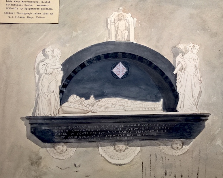 Image:- Ubsdell, R.H.C.,1840, Watercolour drawing of the Lady Mary Wriothesley Monument, Collection of Prints & Drawings of the Society of Antiquaries of London, Sepulchral Monuments and Tombs, Hampshire, SAL/238A/5-7