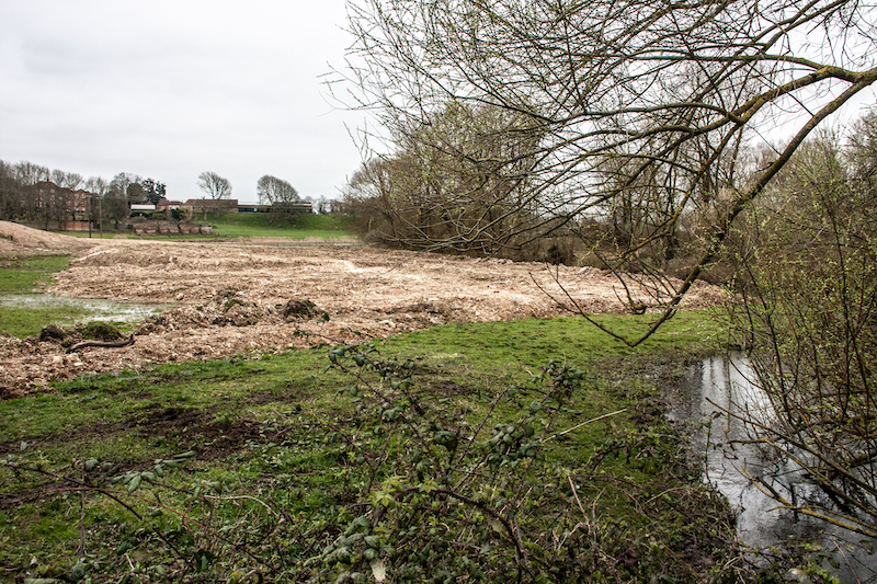 The raised soil levels beside the River Meon