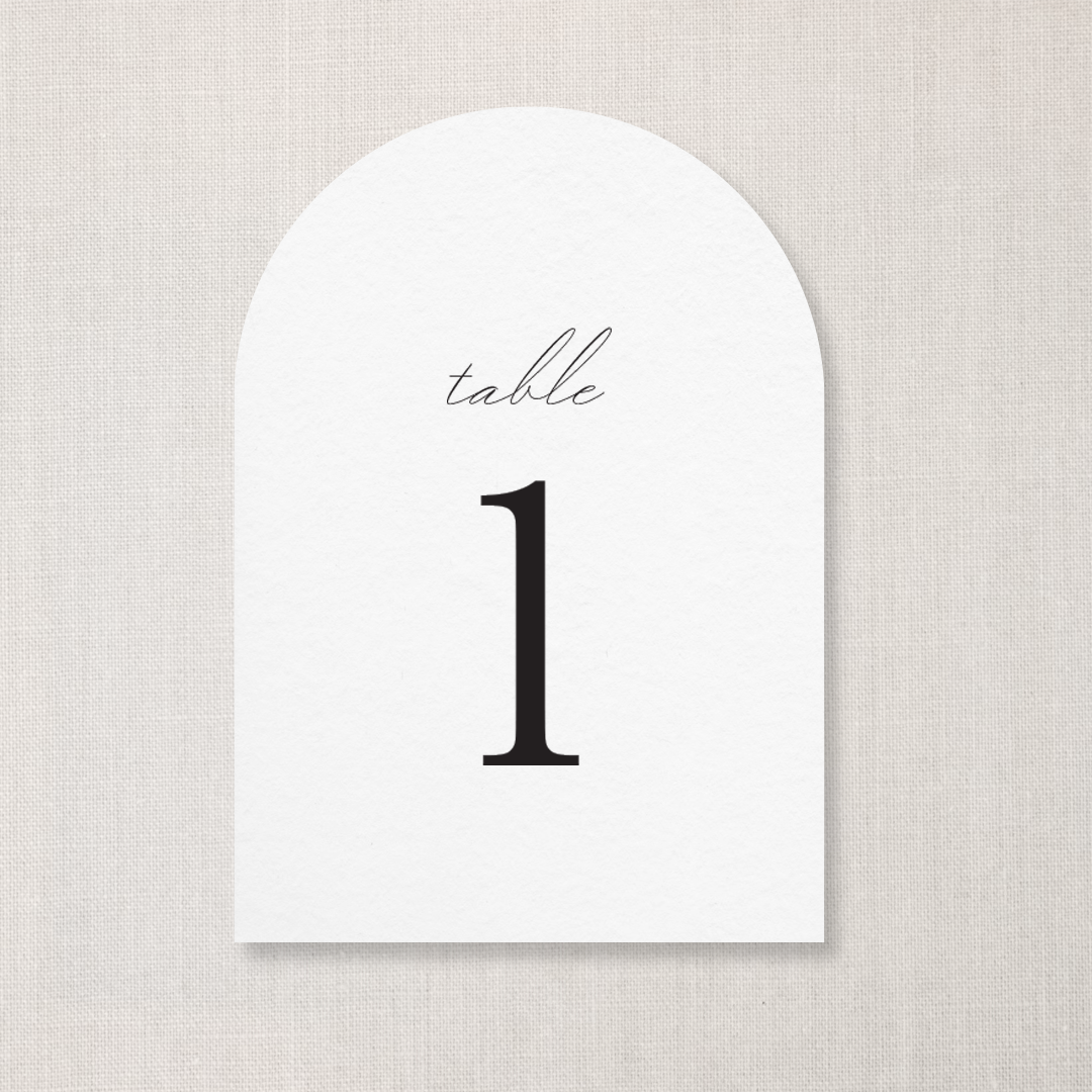 Table number card with the number 1 and the word 'table' written in elegant script on a white background.