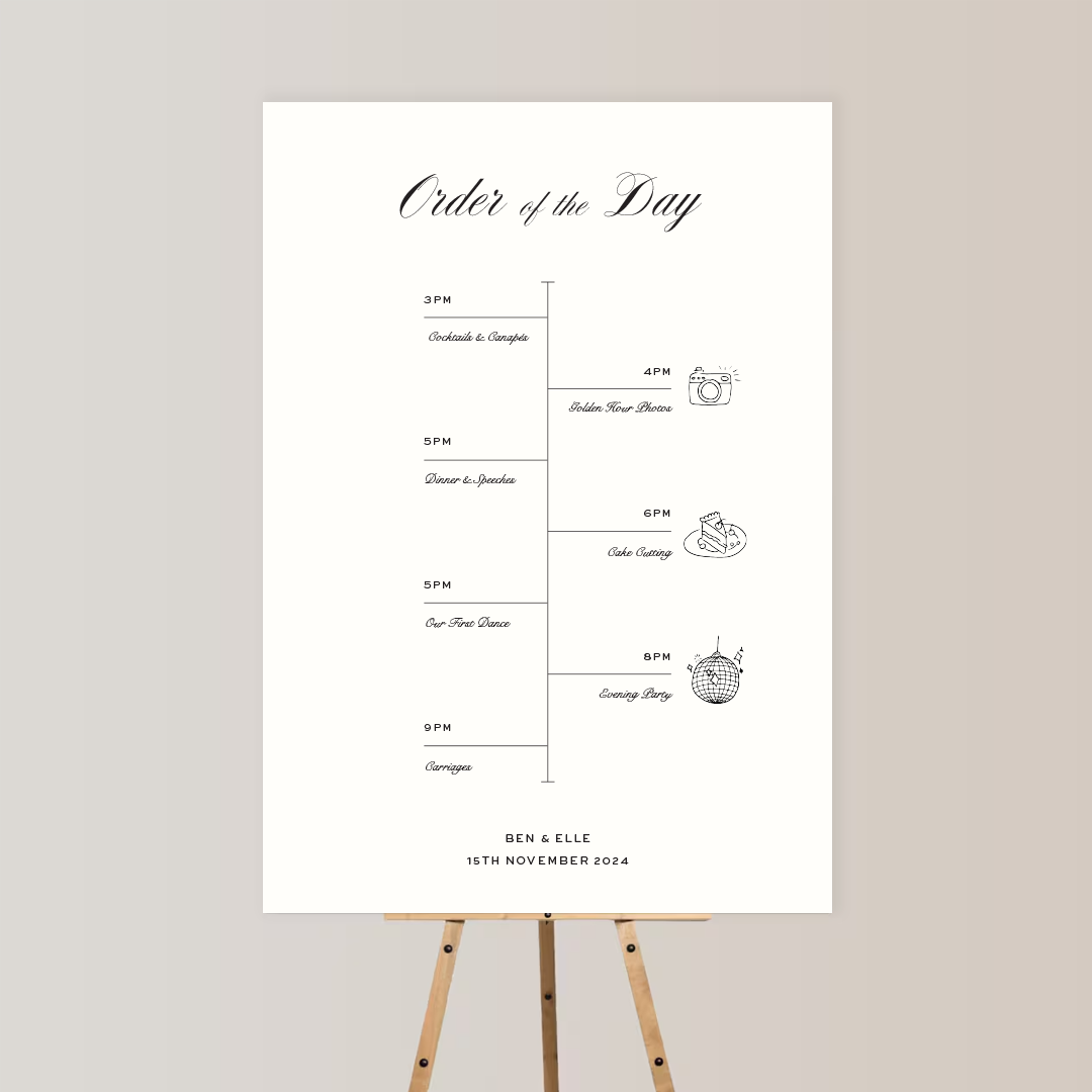 Wedding reception schedule poster with a timeline of events from 3 PM to 9 PM, including cocktails, a photoshoot, dinner, dance, and a carriage ride, with illustrations of a camera, cake, disco ball, and carriage, and the names Ben & Elle, dated Nove