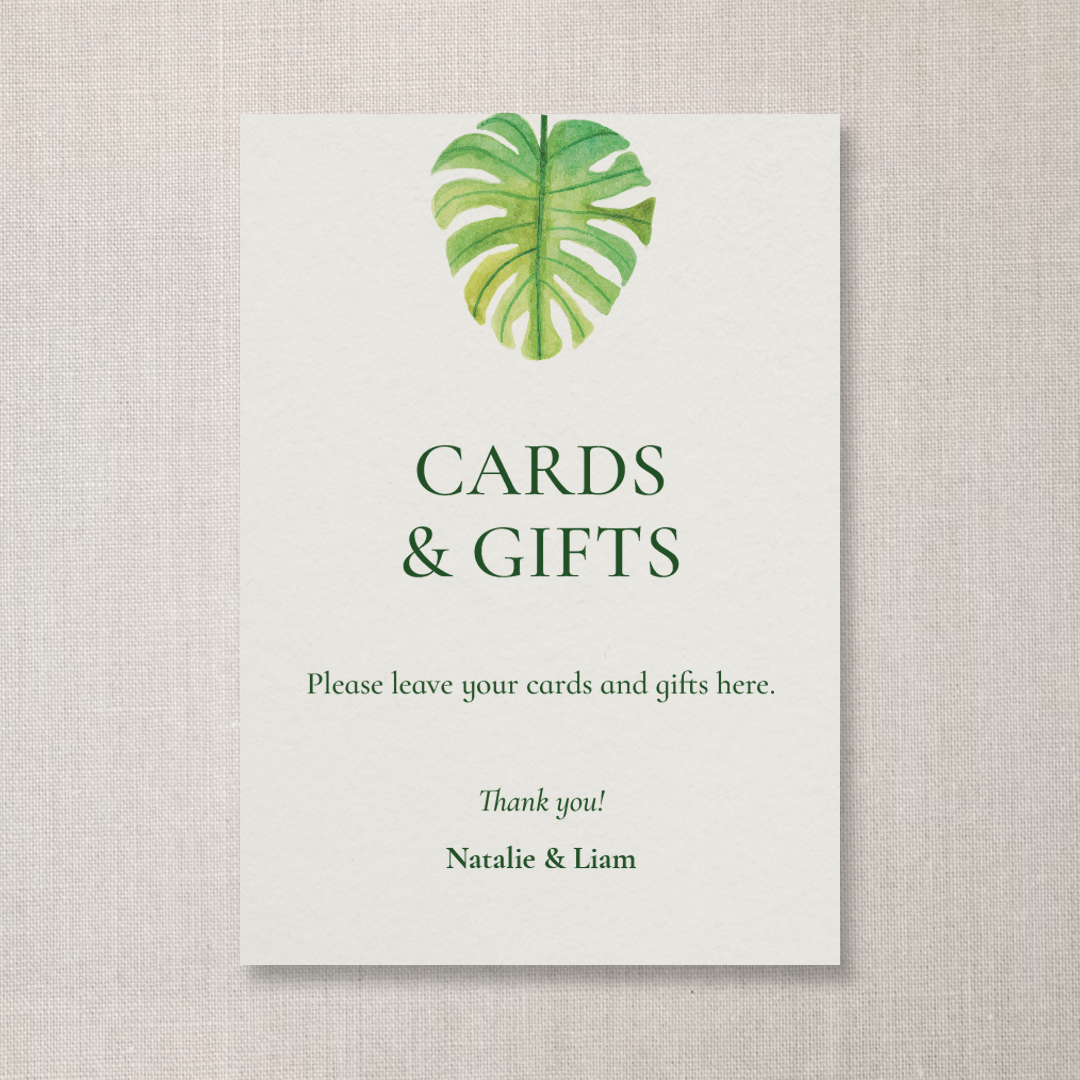 Sign for cards and gifts with a green tropical leaf illustration at the top, green text instructions, and signatures at the bottom.