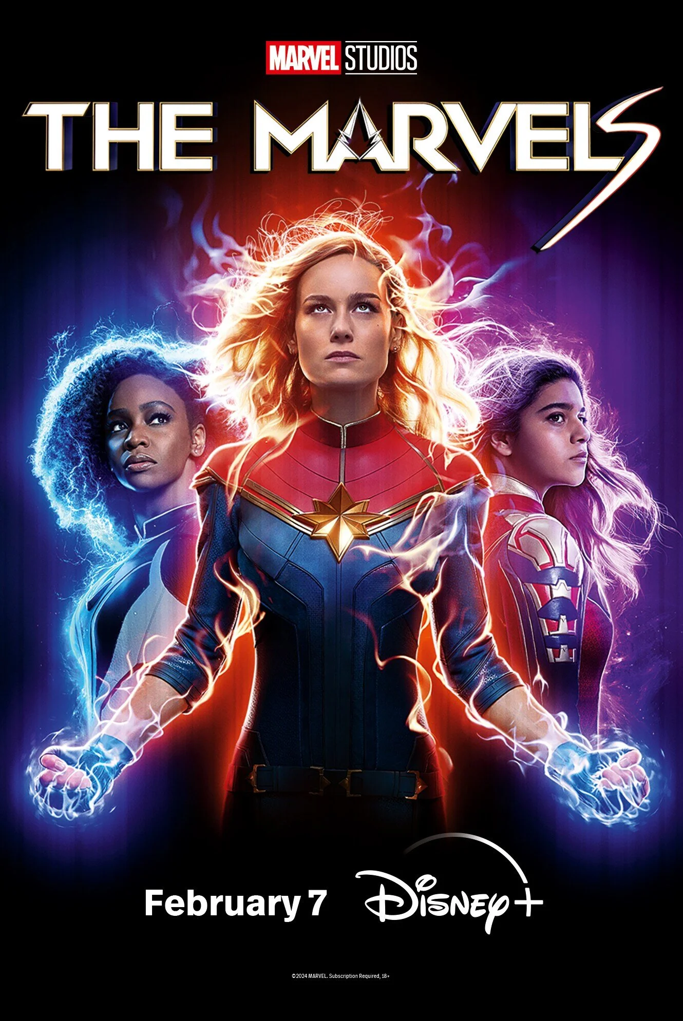 Promotional poster for Marvel's 'The Marvels' featuring three female superheroes with glowing powers, wearing futuristic outfits, against a dark background with electric energy effects. Release date February 7, and Disney+ logo.