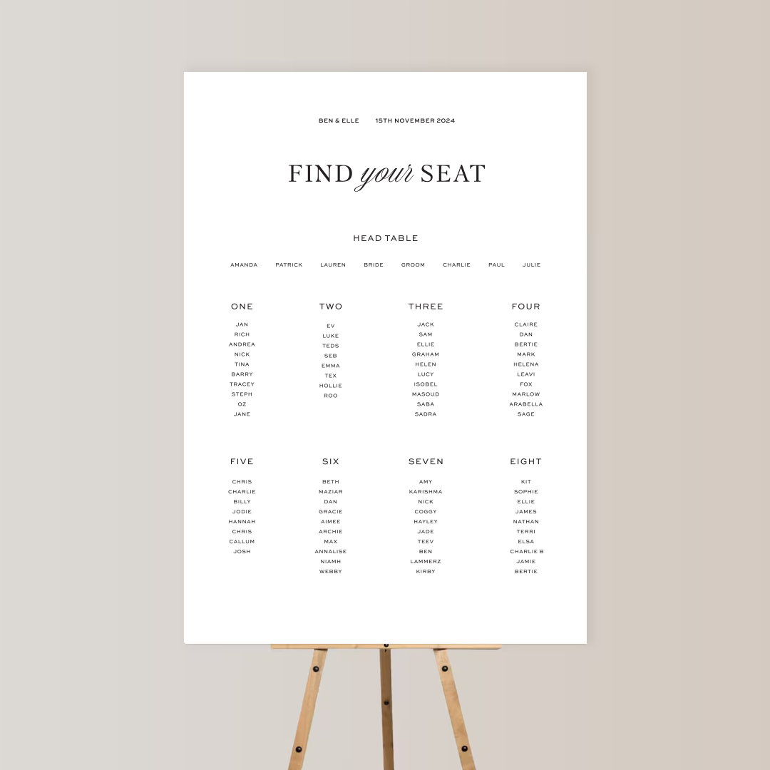 Wedding seating chart on a white board with the heading 'FIND your SEAT' and the date 15th November 2024, listing names of guests under numbered tables.