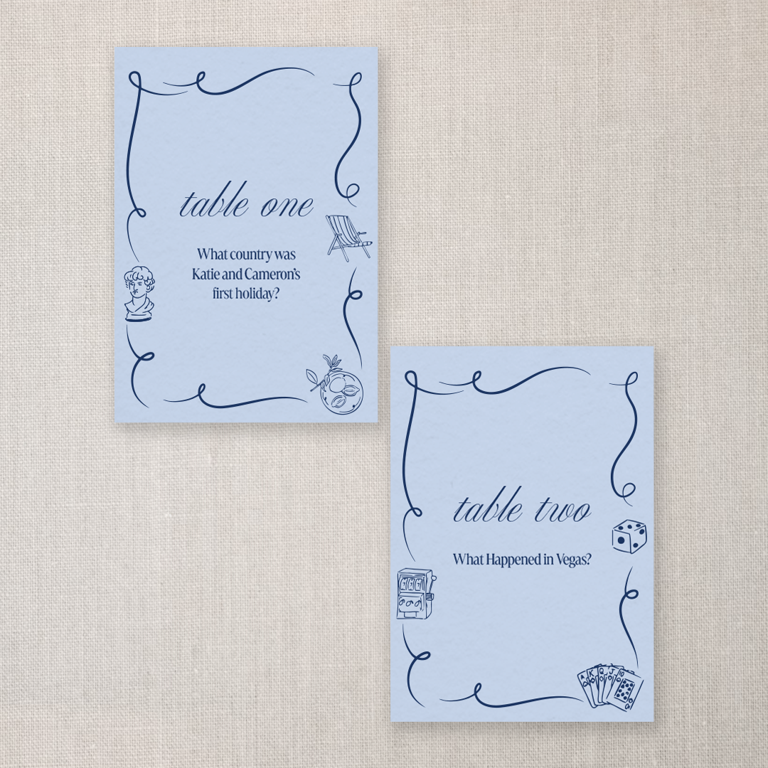 Two blue cards with decorative borders, each with a question about holidays. The first card asks, "What country was Katie and Cameron's first holiday?" and the second asks, "What happened in Vegas?" The cards have small illustrations of a bust, a cha