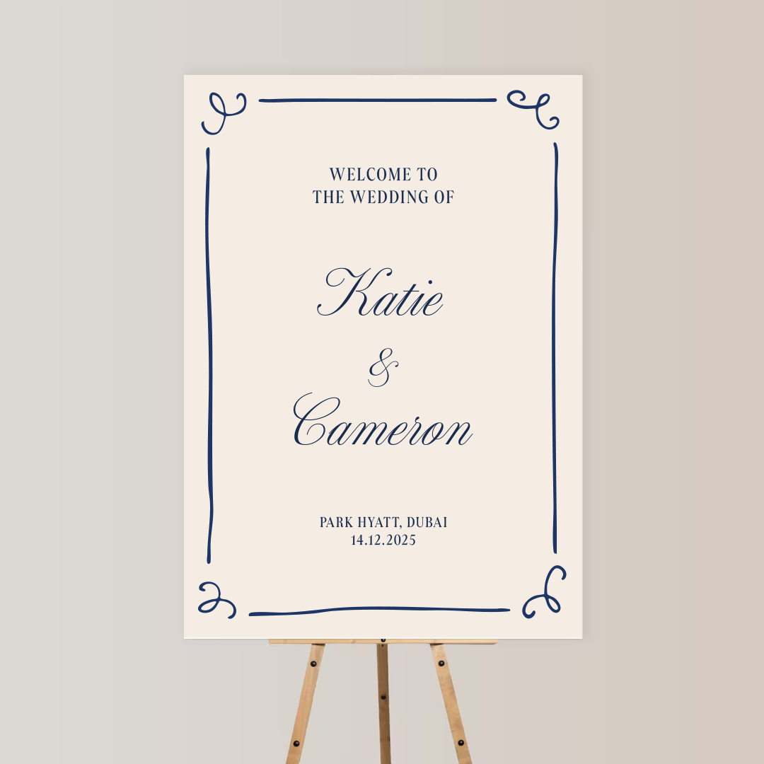 Wedding welcome sign with blue decorative border, displaying event details for Katie and Cameron's wedding at Park Hyatt Dubai on December 14, 2025.