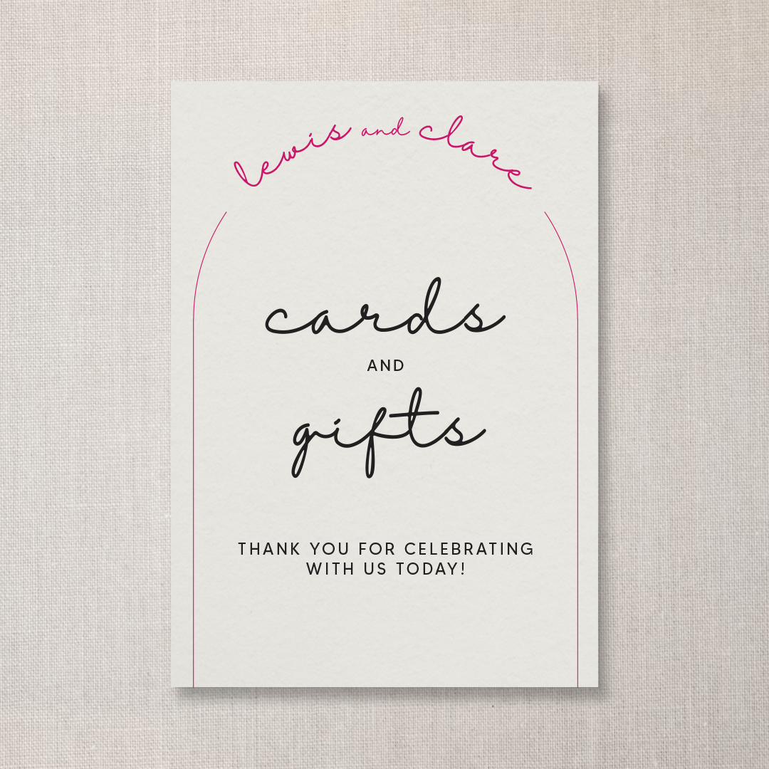 A greeting card with a white background, featuring the text "lewis and clare" in pink cursive at the top, and "cards and gifts" in black cursive in the center, with a message thanking for celebrating together at the bottom.
