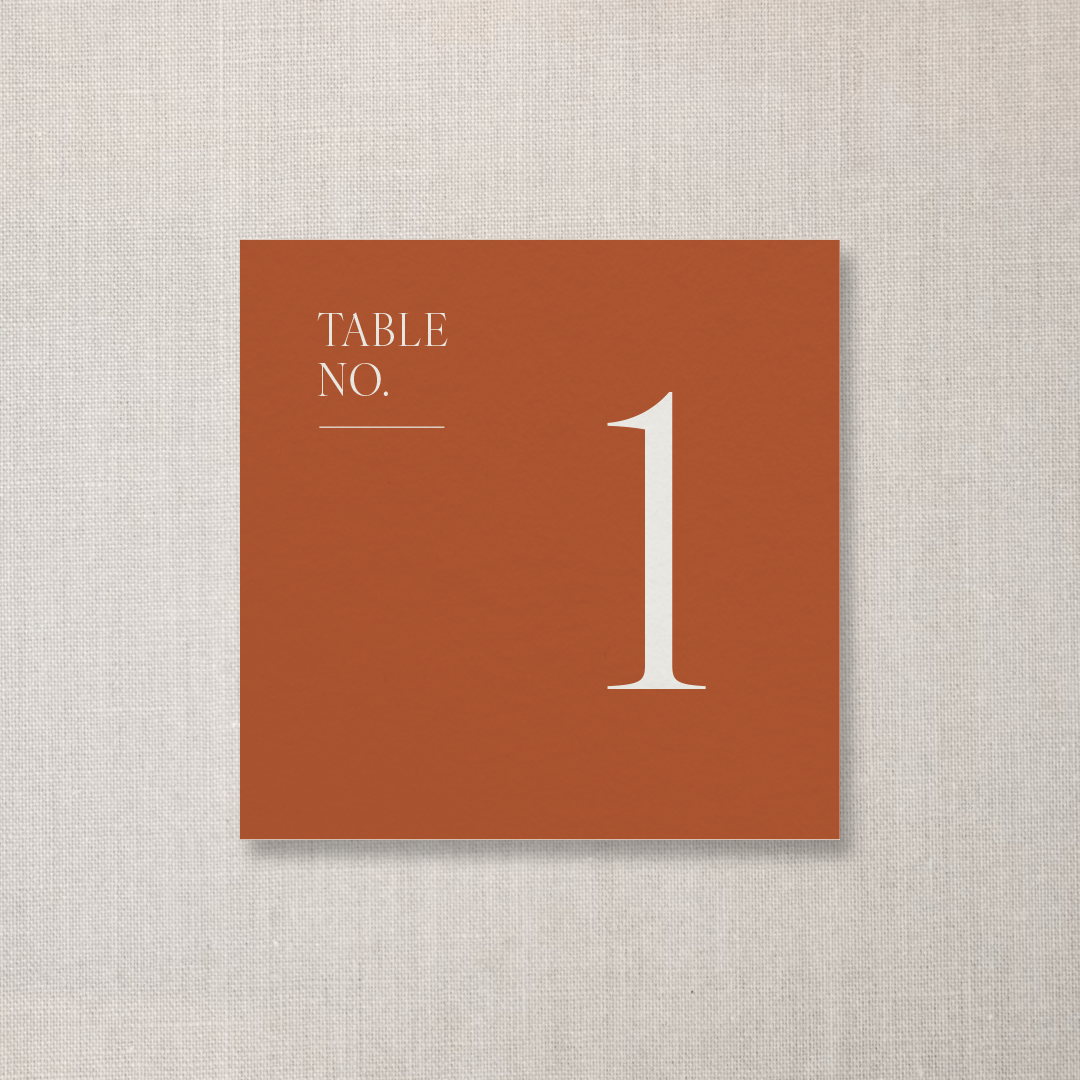 Square sign with a rust-colored background displaying 'TABLE NO. 1' in white text, with the number 1 prominently centered.
