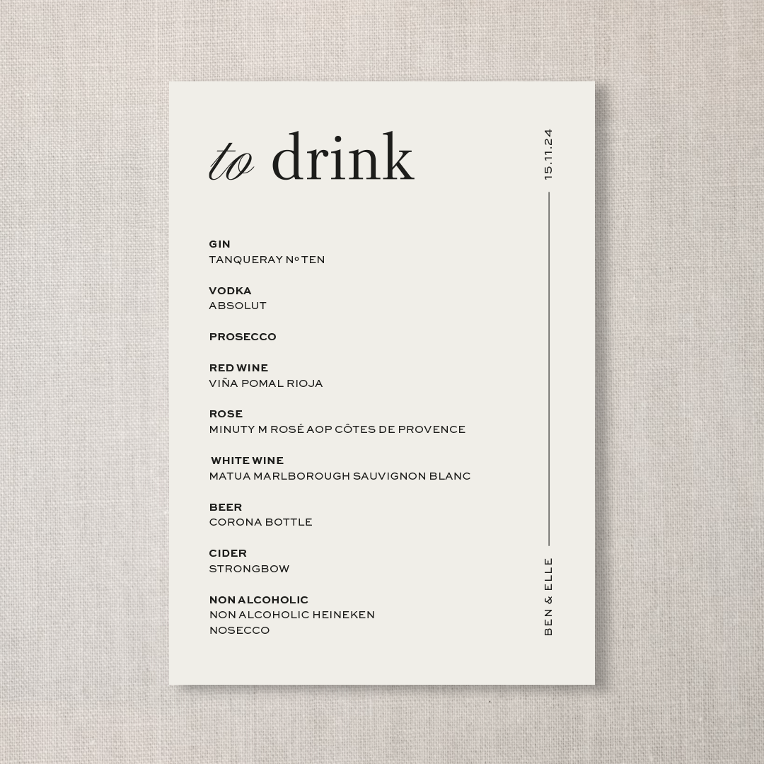 A minimalist drinks menu titled 'to drink' listing various alcoholic and non-alcoholic beverages with their descriptions.
