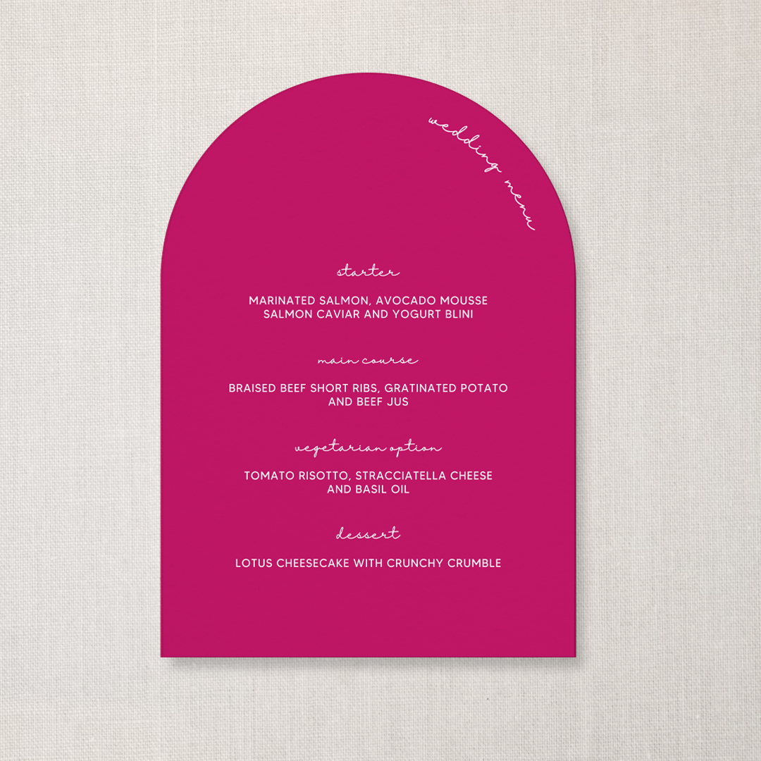 Wedding menu card with a pink background and white text listing starter, main course, vegetarian option, and dessert.