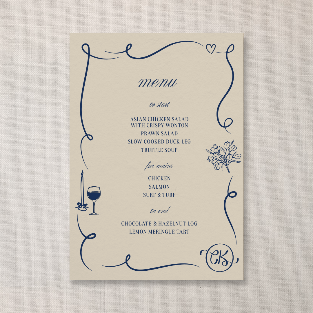 Elegant beige menu card with navy blue decorative border, illustrations of a candle and wine glass, and text listing appetizer, main course, and dessert options.