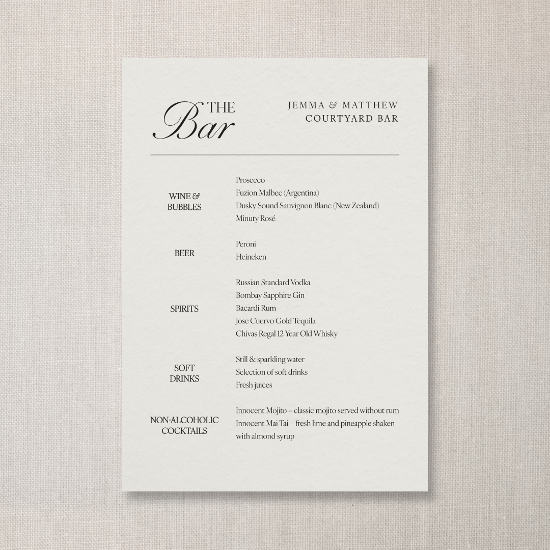 Wedding or event bar menu listing wines, bubbles, beers, spirits, soft drinks, and non-alcoholic cocktails.