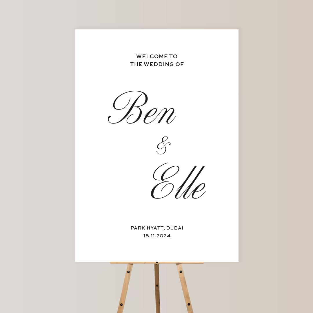 Wedding welcome sign on an easel at Park Hyatt Dubai, with black elegant text on a white background.