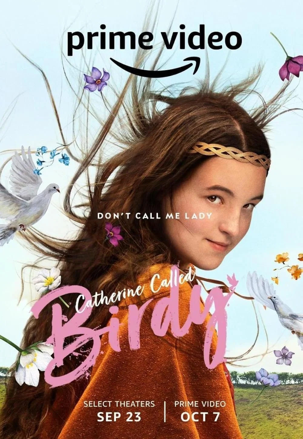 Movie poster for 'Birds' featuring a young girl with long brown hair, trees and flying birds in the background, and text advertising the film release dates and streaming on Prime Video.