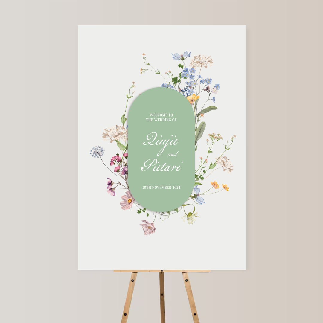 Wedding welcome sign featuring pastel floral illustrations and text for Liuji and Puitari, dated November 10, 2024.